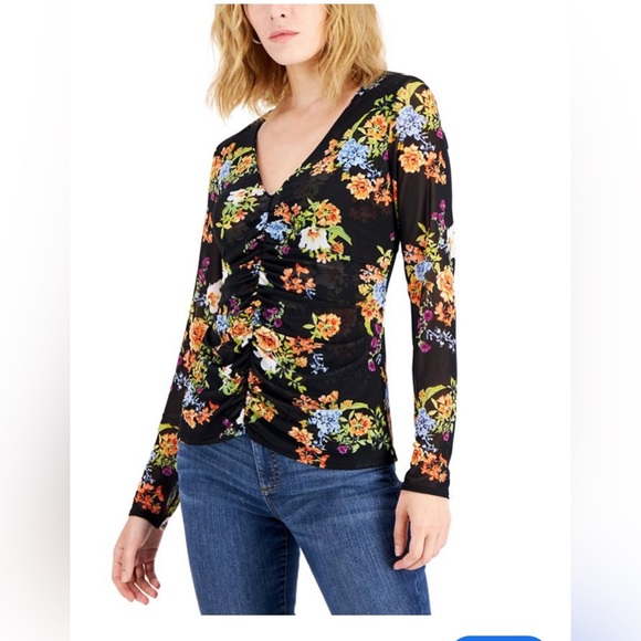 INC Floral-Print Ruched-Center V-Neck
Mesh Top - Picture 7 of 7